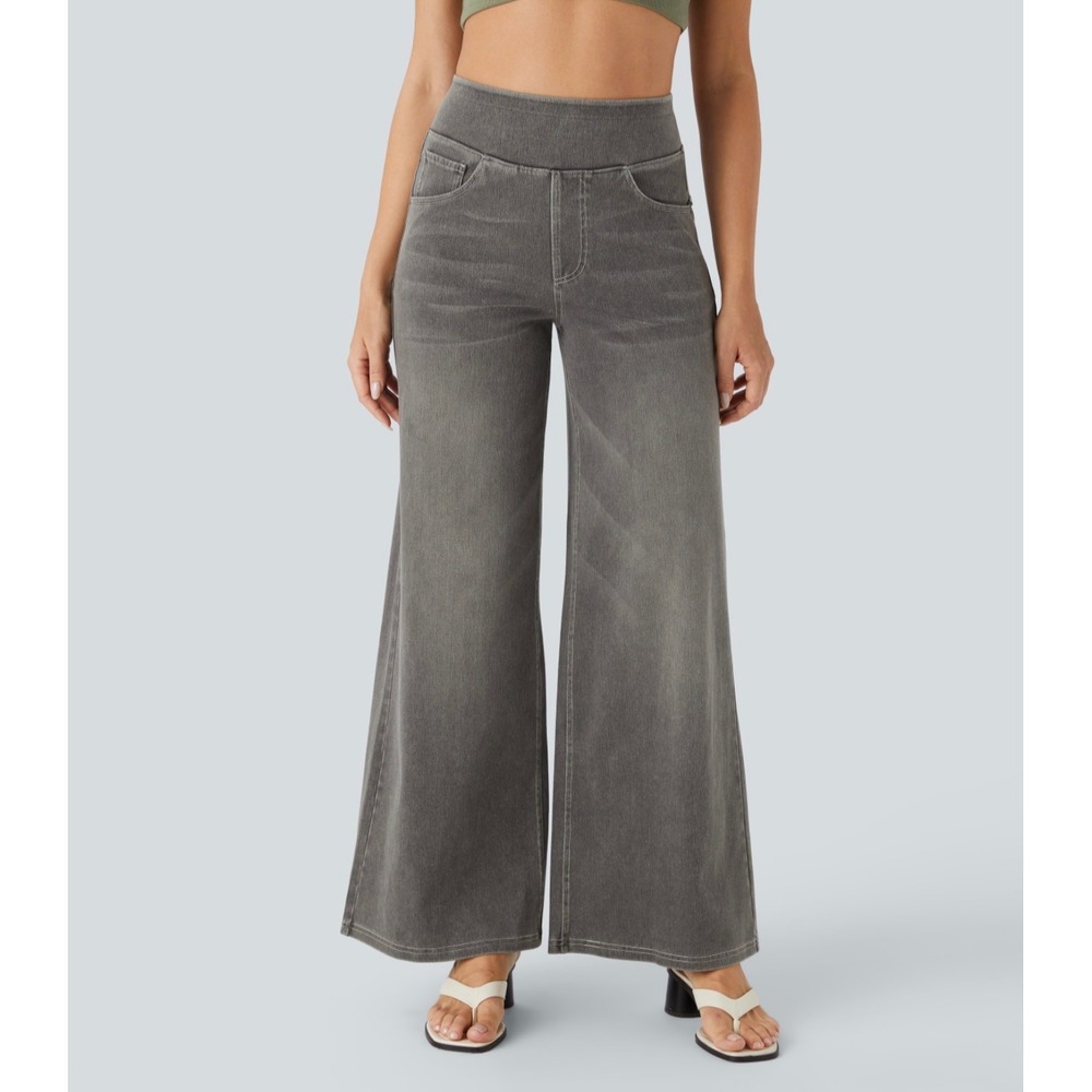 Halara Flex High Waisted Pockets Baggy Wide Leg Washed Casual Jeans Gray XXS NWT